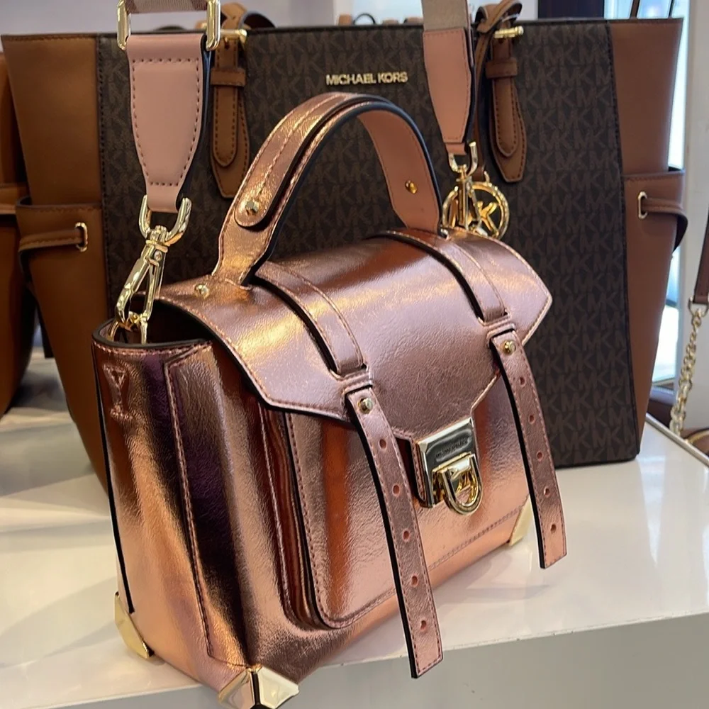 MICHAEL KORS Manhattan Medium TH SCHOOL Crackled Metallic Leather SATCHEL Mocha